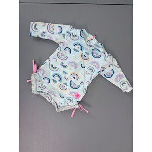 Ruffle Butts baby girl 0-3 months blue long sleeve one piece swimwear‎ rainbows